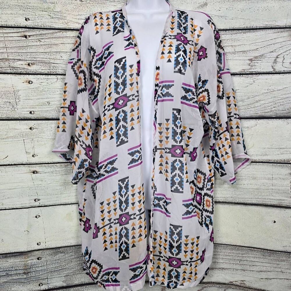 Tribal Print Open Front Kimono Lightweight Cover Up One Size